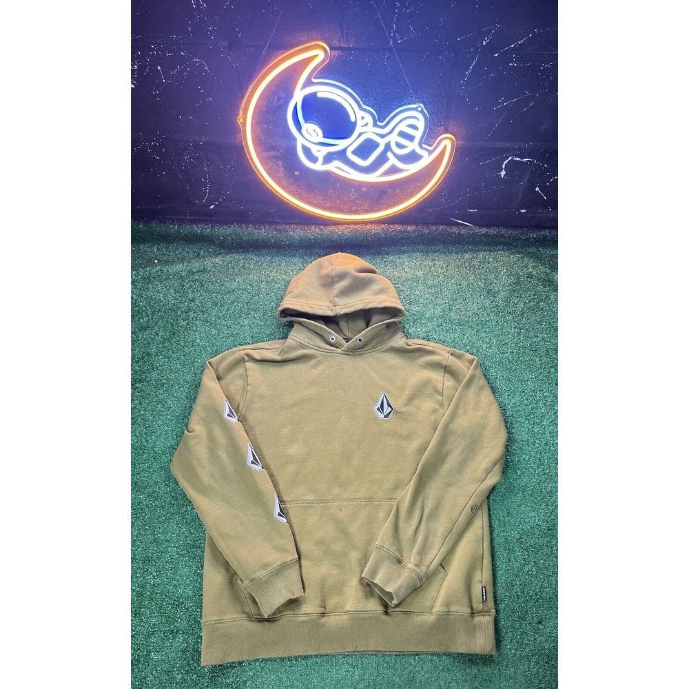 Vintage Volcom Stone Light Brown Hoodie Sweatshirt Mens Sz LG Graphic Print Logo